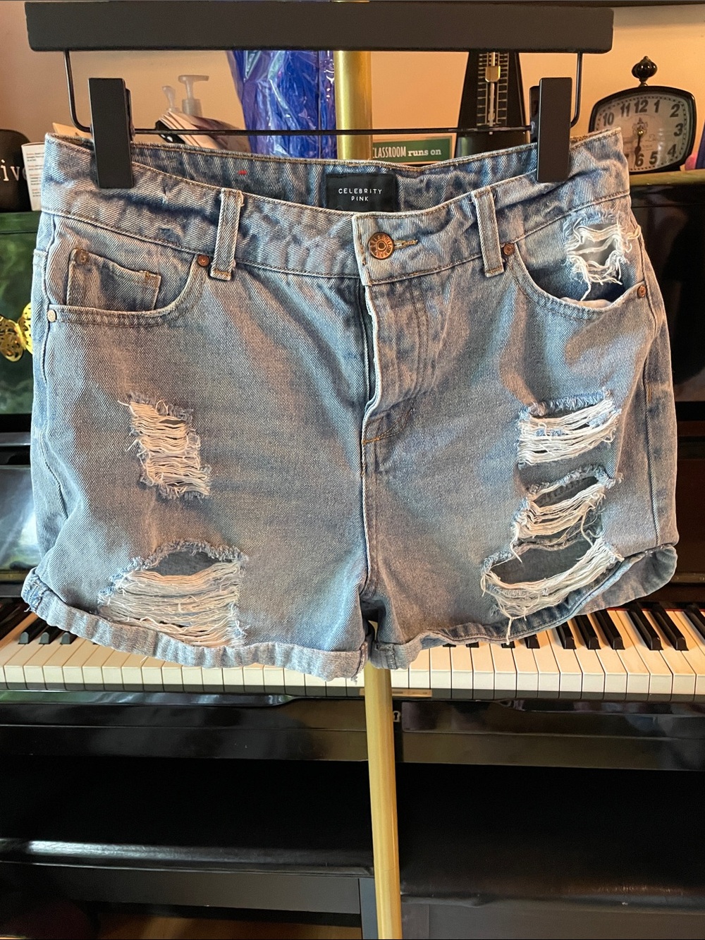 Celebrity Pink Light Blue Distressed Cuffed Denim Shorts